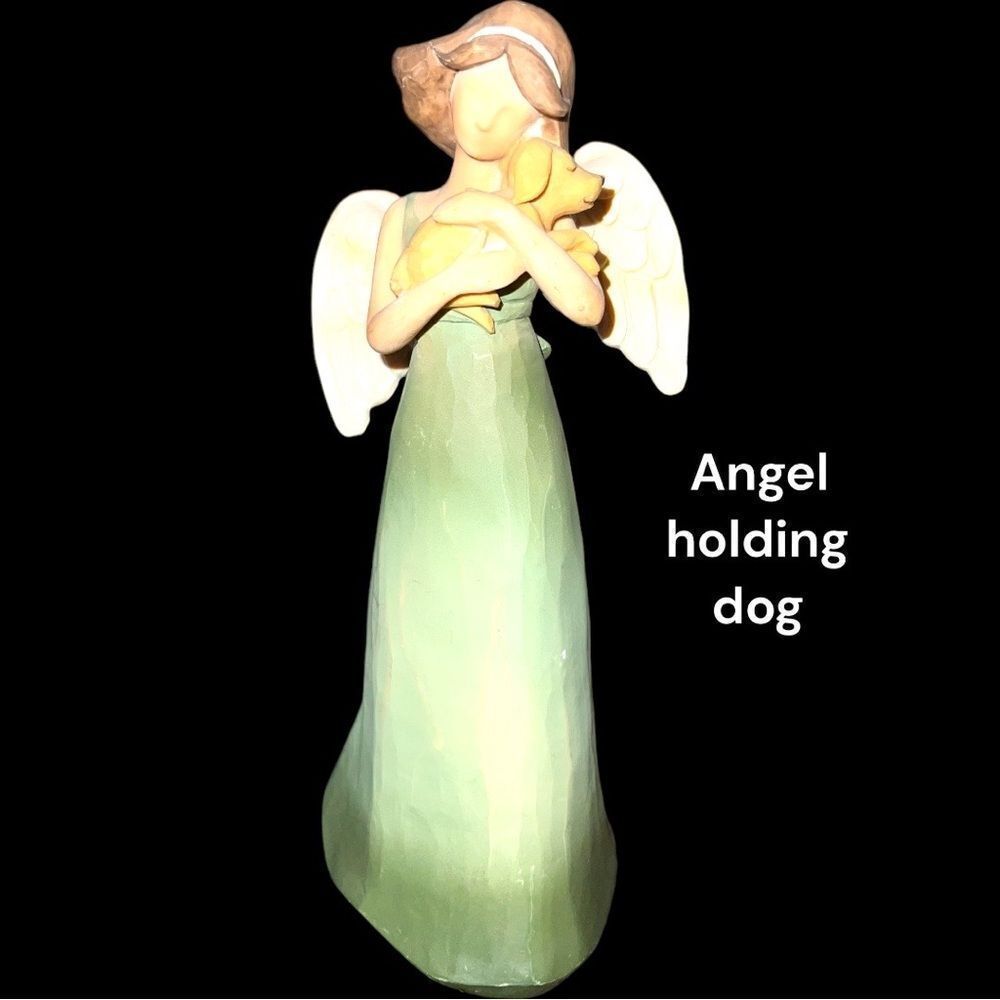 Young’s brand pretty angel in green gown holding sweet little puppy dog! Ceramic